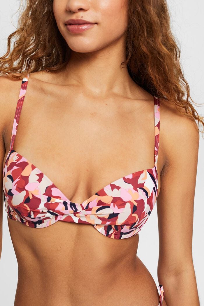 Top de bikini con estampado floral, con aros y relleno, DARK RED, detail image number 0