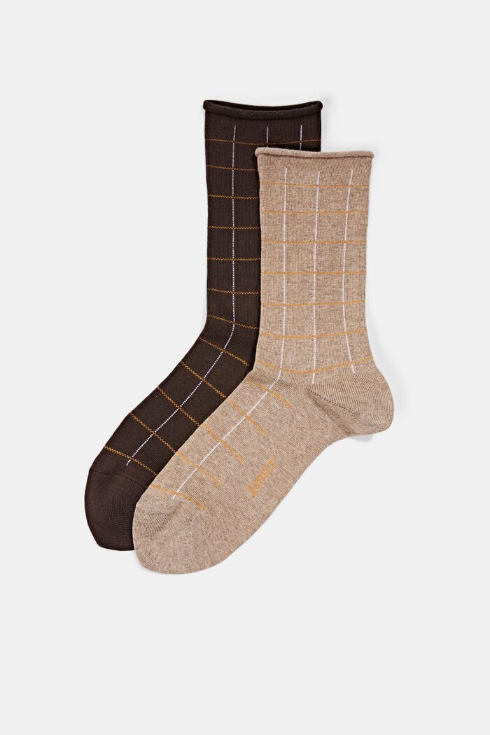 Pack de dos pares de calcetines con diseño a cuadros, mezcla de algodón ecológico, BEIGE/BROWN, detail image number 0