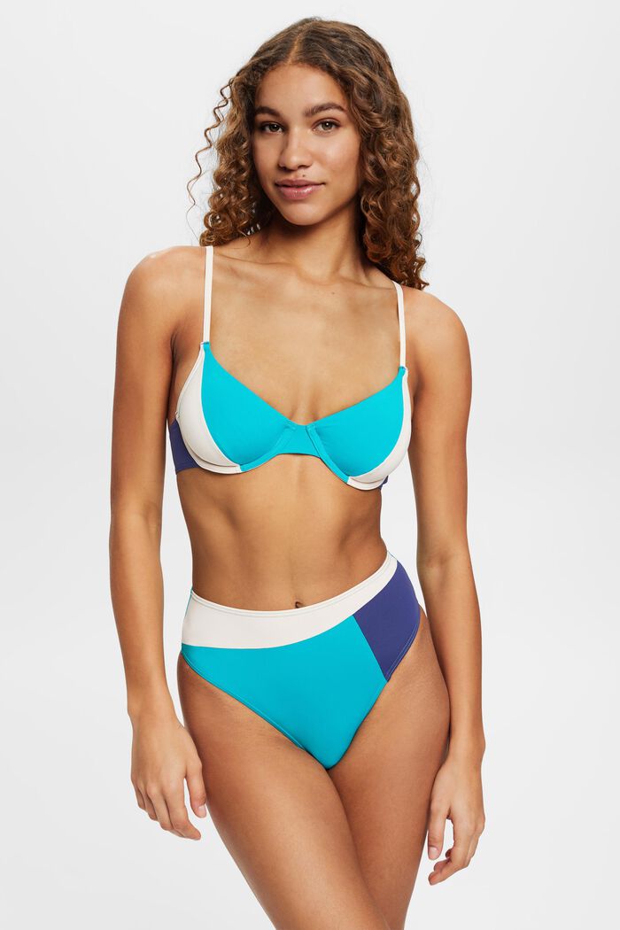Braguita de bikini de tiro alto con diseño de bloques de color, TEAL GREEN, detail image number 0