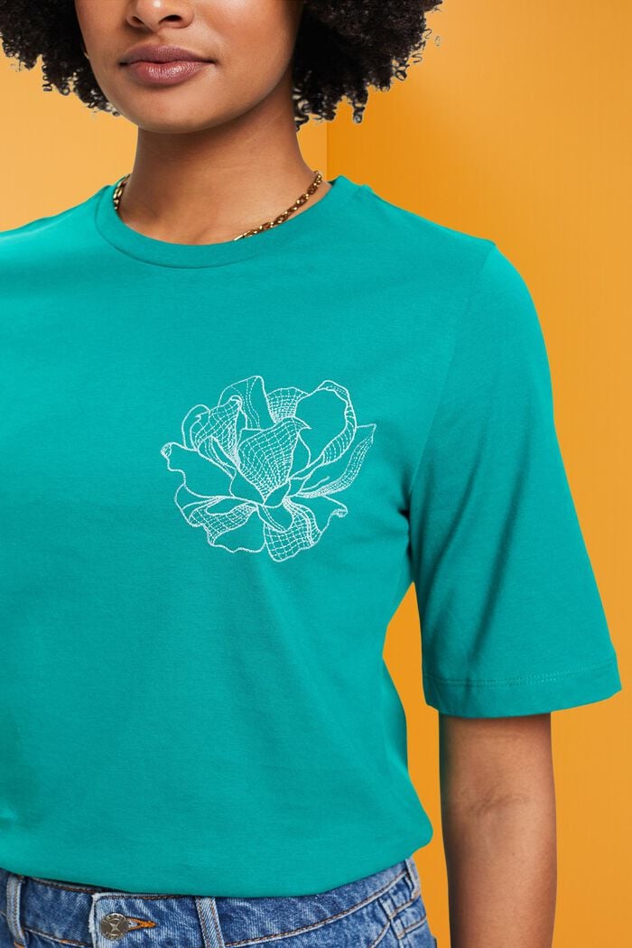 Camiseta de algodón con bordado de flor, EMERALD GREEN, detail image number 2