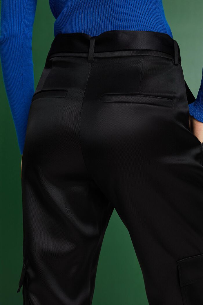Pantalón cargo de satén con cinturón, BLACK, detail image number 3