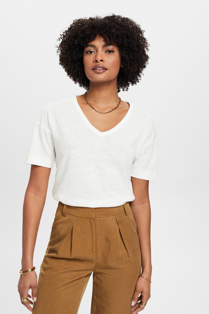 Camiseta de mezcla de lino con cuello en pico, OFF WHITE, detail image number 0
