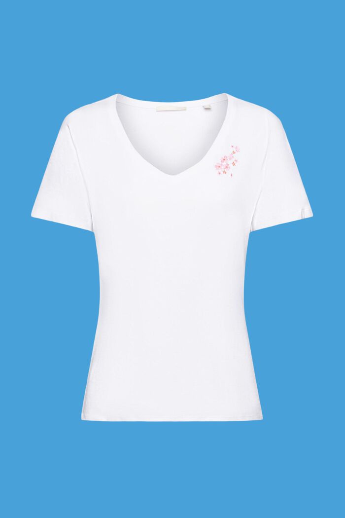 Camiseta con cuello en pico y bordado floral, WHITE, detail image number 5