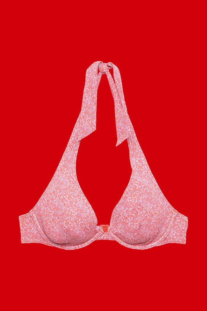 Top de bikini triangular con aros, cuello halter y estampado, PINK, detail image number 3