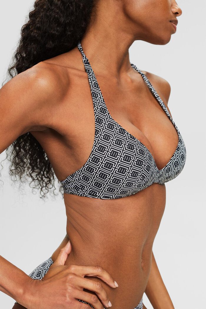 Top de bikini estampado con tirantes al cuello, BLACK, detail image number 3
