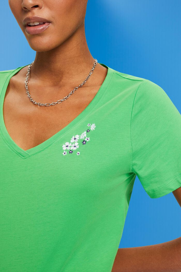 Camiseta con cuello en pico y bordado floral, GREEN, detail image number 2