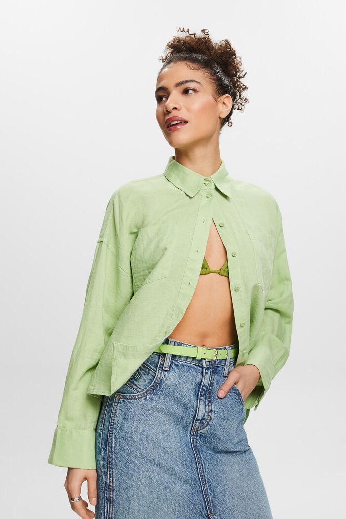 Blusa camisera de algodón y lino, LIGHT GREEN, detail image number 4