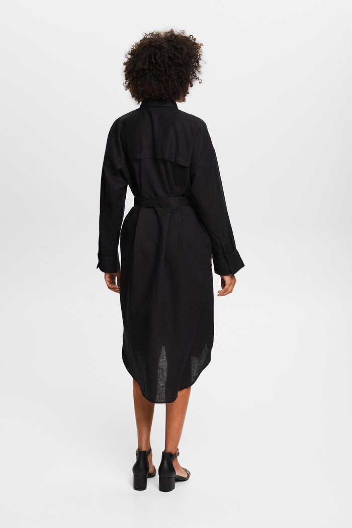 Vestido camisero de lino y algodón con cinturón, BLACK, detail image number 2