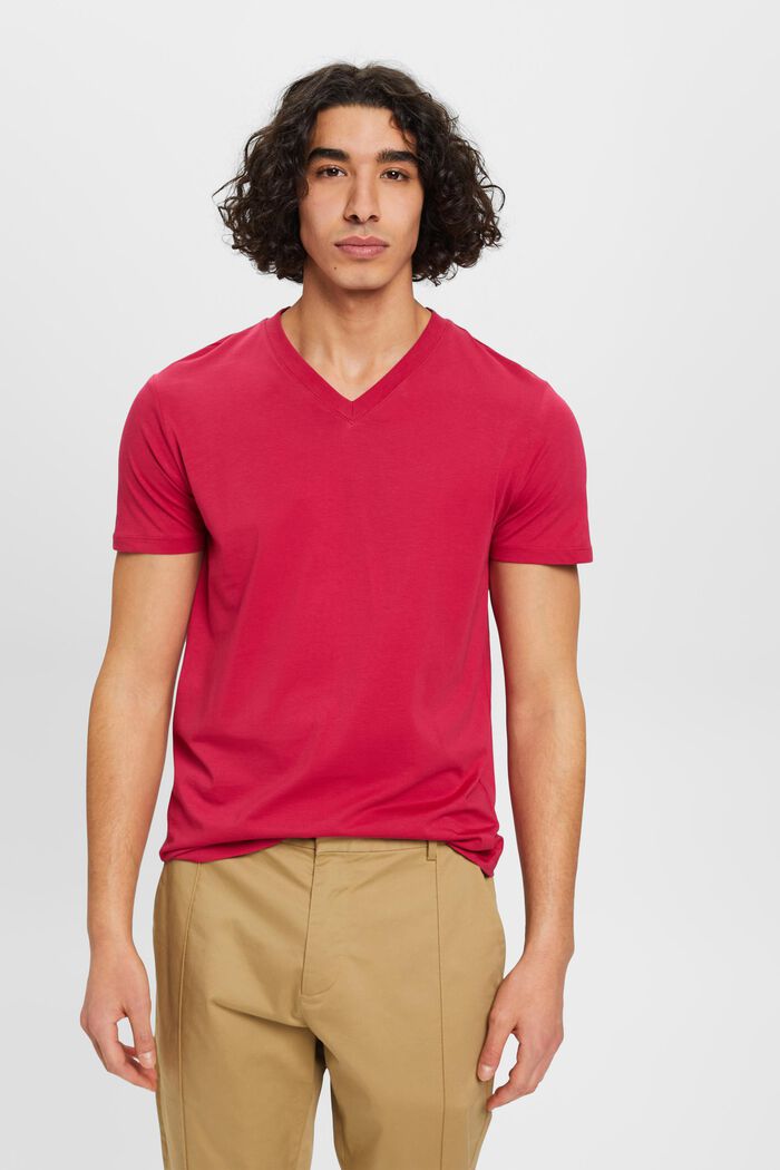 Camiseta entallada de algodón con cuello en pico, DARK PINK, detail image number 0