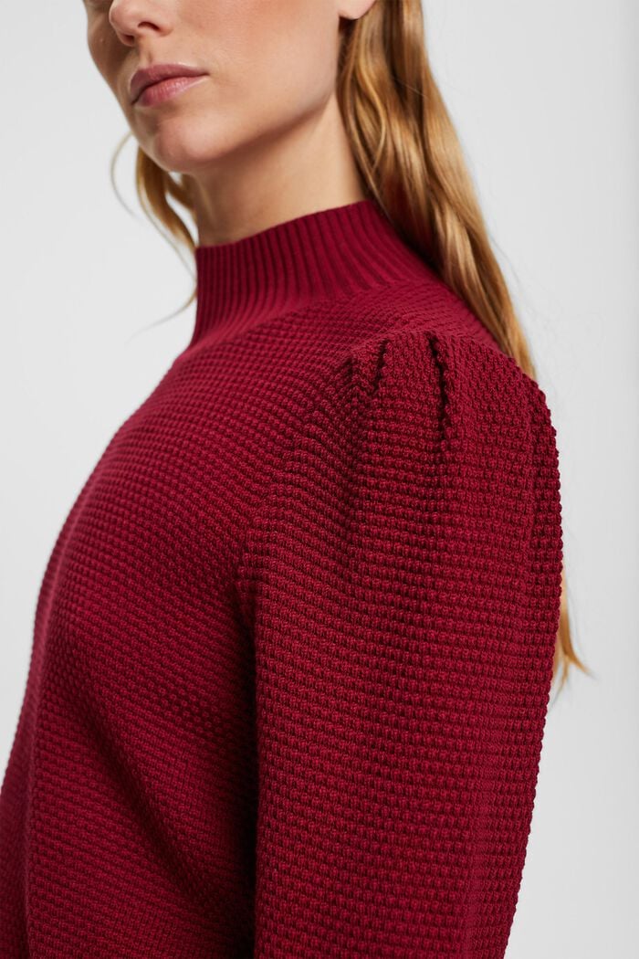 Jersey con cuello alto de textura, mezcla de algodón, CHERRY RED, detail image number 3