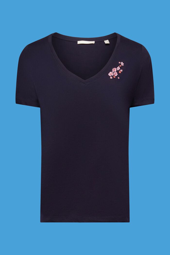 Camiseta con cuello en pico y bordado floral, NAVY, detail image number 5