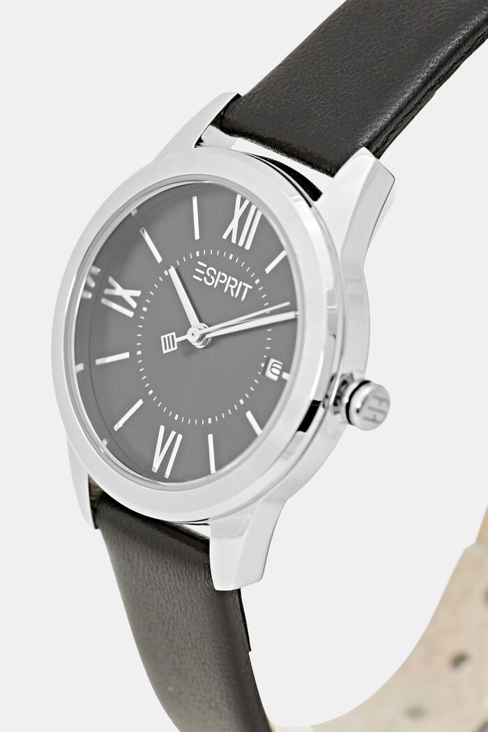 Reloj con pulsera de piel e indicador de fecha, BLACK, detail image number 1