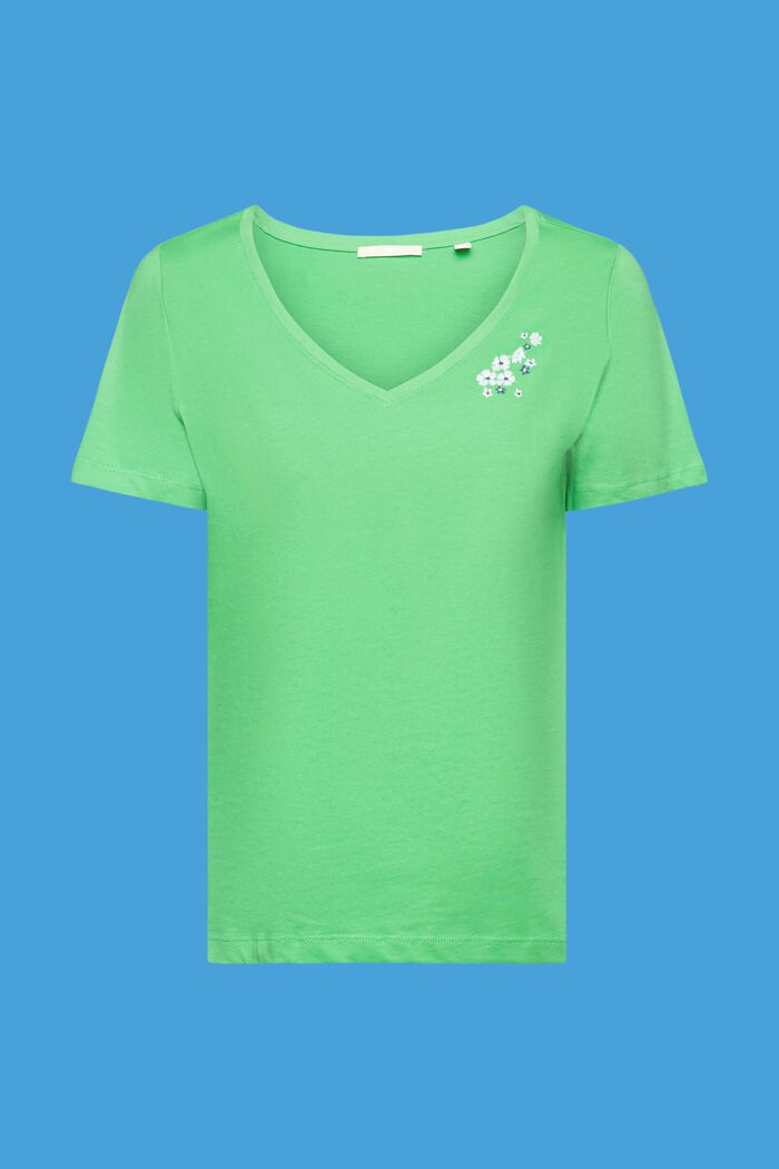 Camiseta con cuello en pico y bordado floral, GREEN, detail image number 6