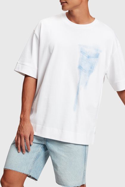Camiseta con estampado de tejido vaquero índigo, WHITE, overview