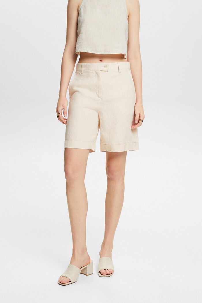 Shorts de lino con dobleces, CREAM BEIGE, detail image number 0
