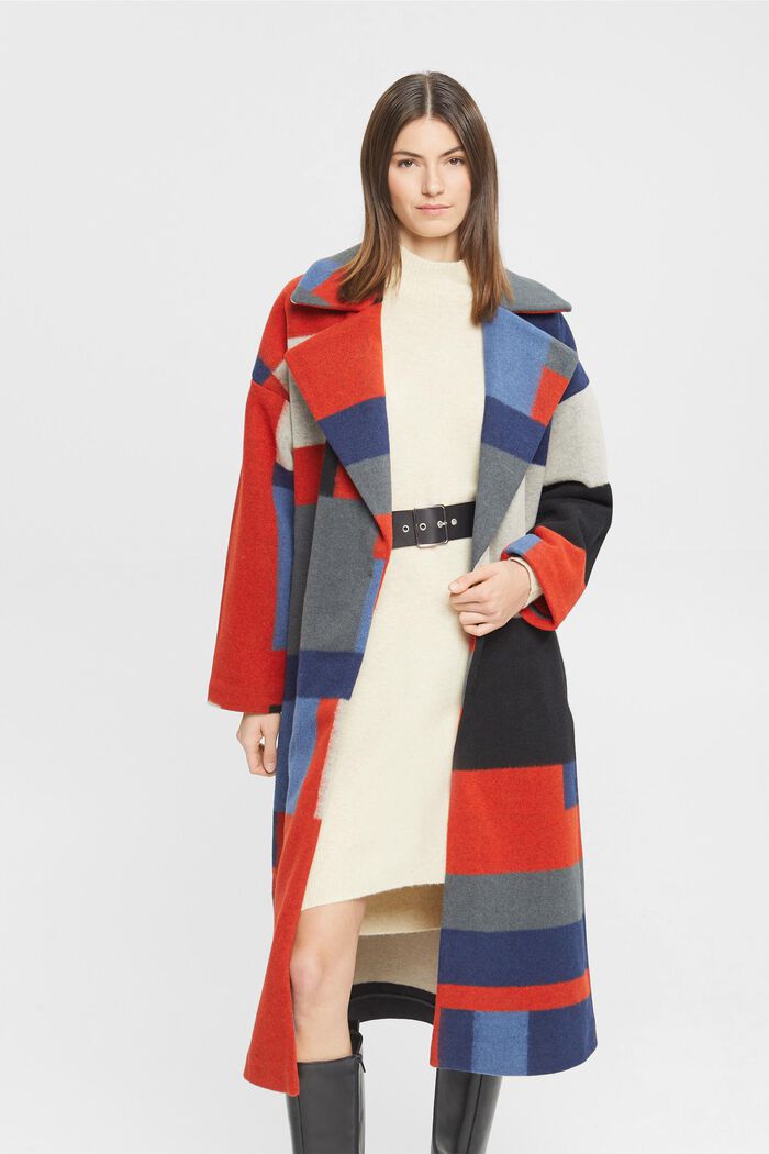 Abrigo en mezcla de lana con estampado de bloques de color, RED, detail image number 0
