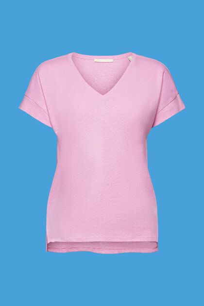 Con lino: camiseta con escote en pico, LILAC, overview