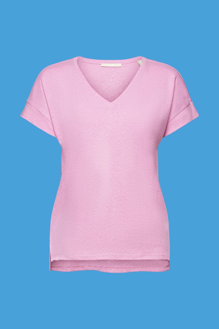 Con lino: camiseta con escote en pico, LILAC, detail image number 7