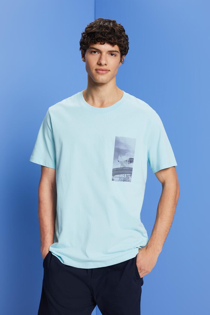 Camiseta con estampado en el pecho, 100% algodón, LIGHT TURQUOISE, detail image number 0