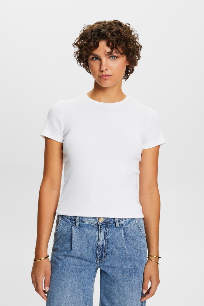 Camiseta de cuello ceñido en jersey de algodón, WHITE, detail image number 0