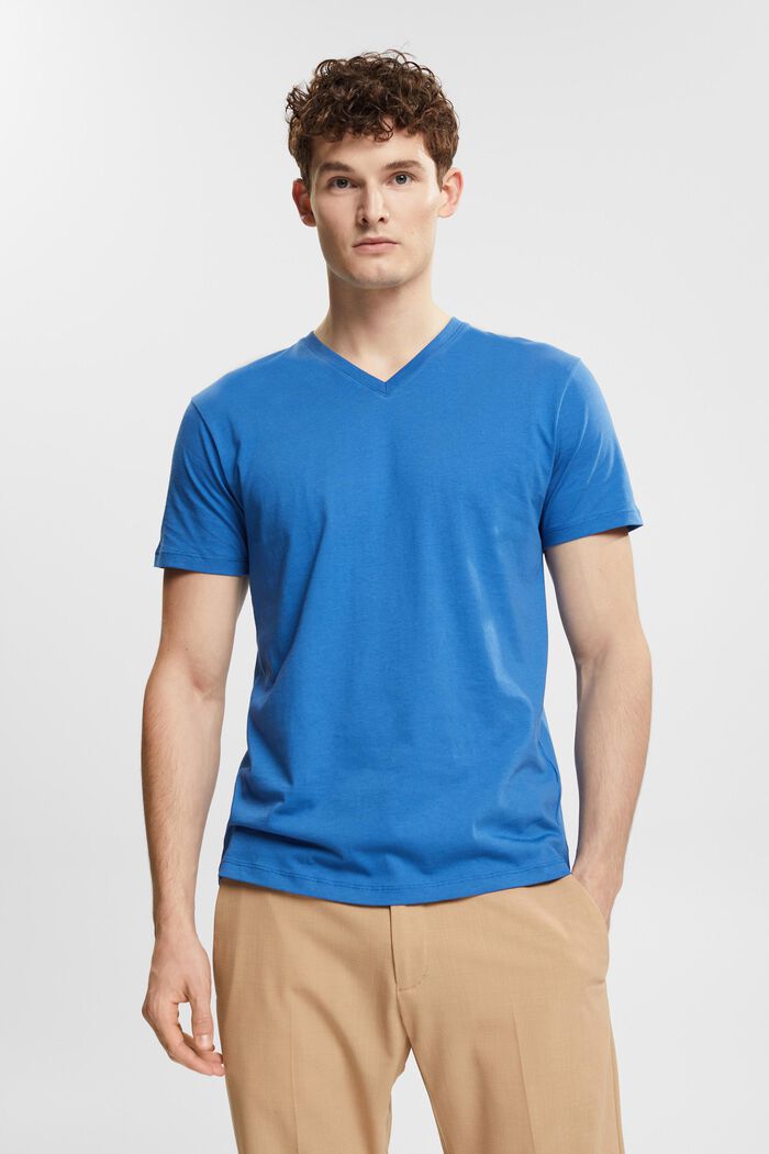 Camiseta de algodón sostenible con escote en pico, BLUE, overview