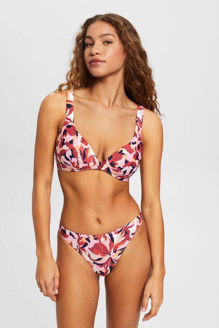 Top de bikini acolchado con estampado floral, DARK RED, detail image number 1