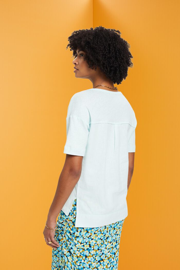Camiseta de mezcla de lino con cuello en pico, LIGHT AQUA GREEN, detail image number 3