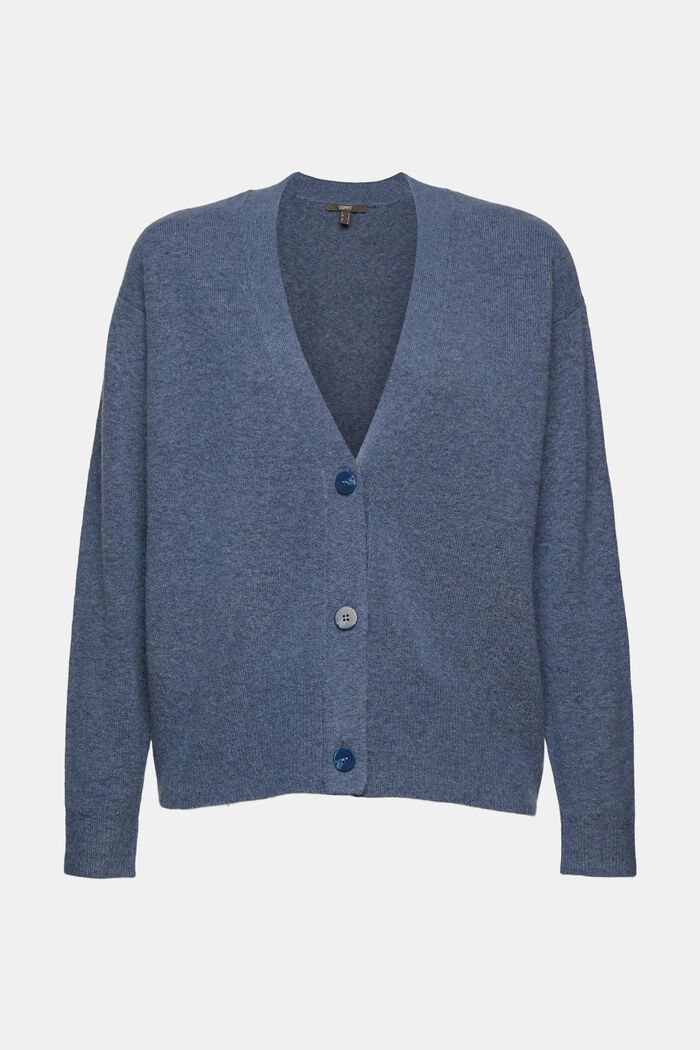 Con lana de borrego: cárdigan con escote en pico, PETROL BLUE, overview