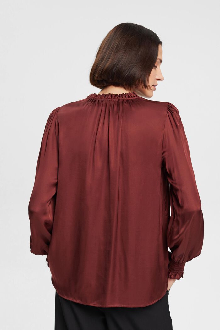 Blusa de satén con cuello fruncido, LENZING™ ECOVERO™, BORDEAUX RED, detail image number 3