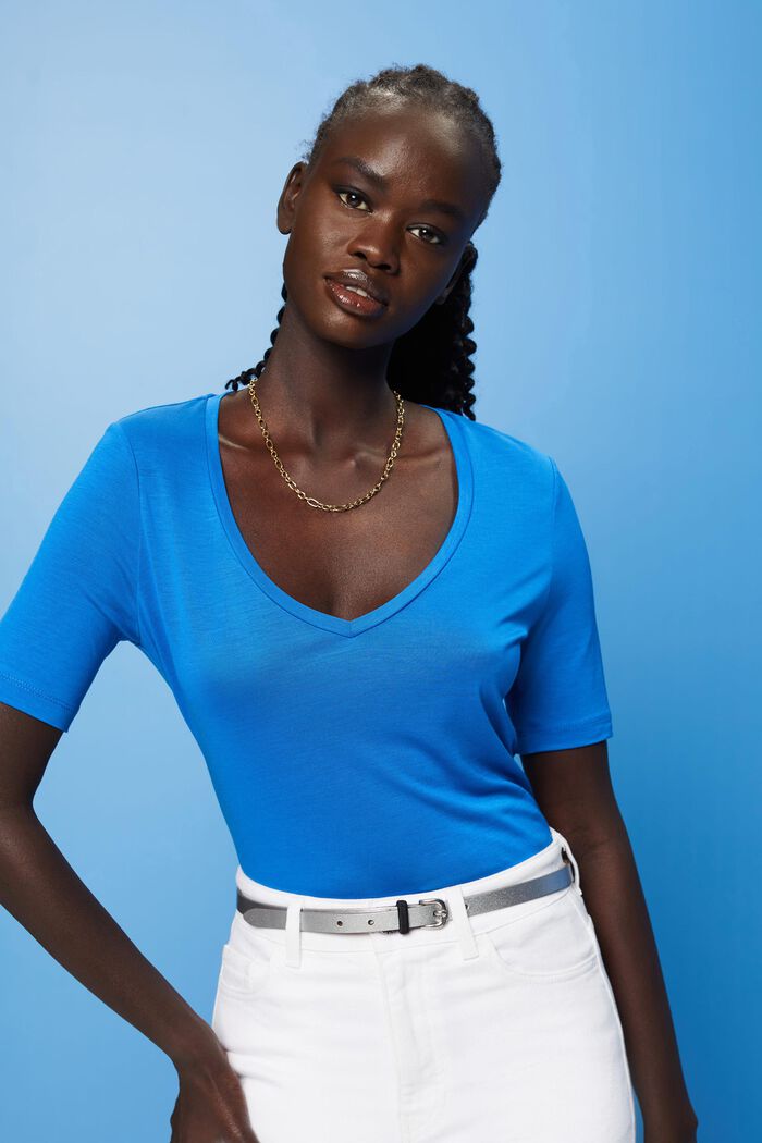 Camiseta de cuello en pico, TENCEL™, BRIGHT BLUE, detail image number 0