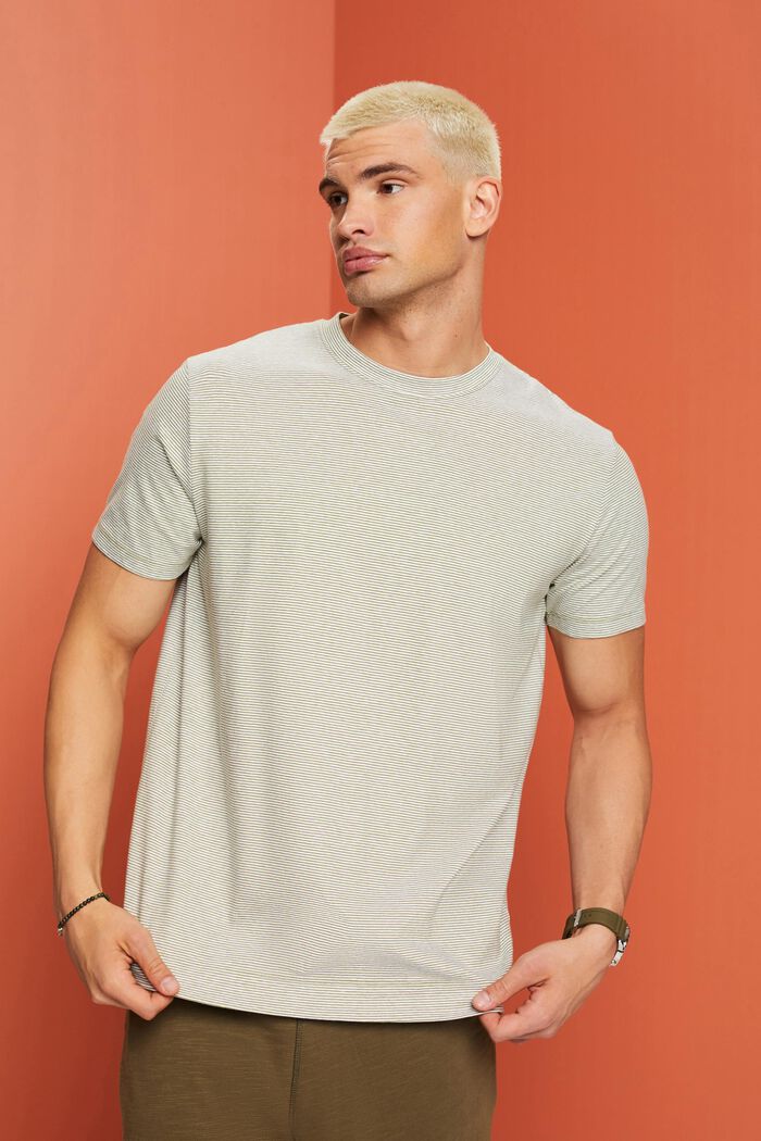 Camiseta de punto a rayas, mezcla de algodón y lino, LEAF GREEN, detail image number 0