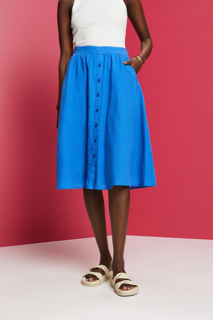 Falda midi en mezcla de lino y algodón, BRIGHT BLUE, detail image number 0