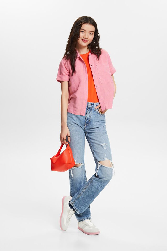 Blusa camisera de algodón y lino, RED ORANGE, detail image number 1