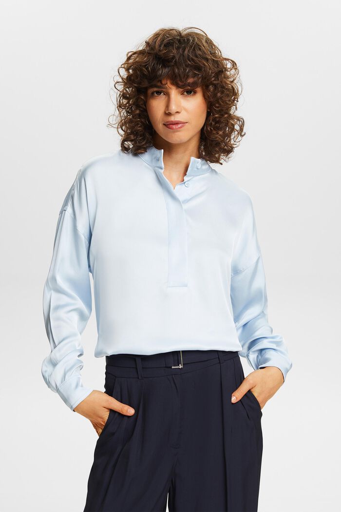 Blusa de satén con cuello alto, LIGHT BLUE, detail image number 0