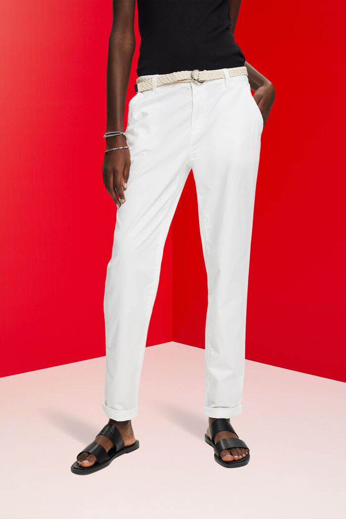 Pantalones chinos elásticos ligeros con cinturón, OFF WHITE, detail image number 0