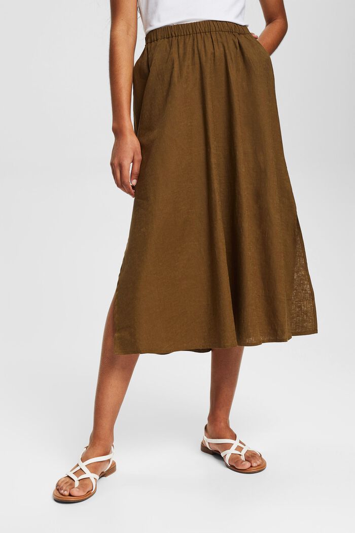 En mezcla de lino: falda midi, KHAKI GREEN, detail image number 0
