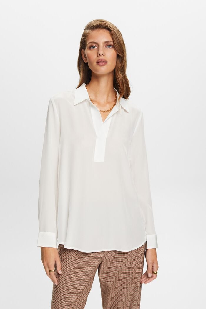 Blusa de seda con cuello en pico, OFF WHITE, detail image number 0