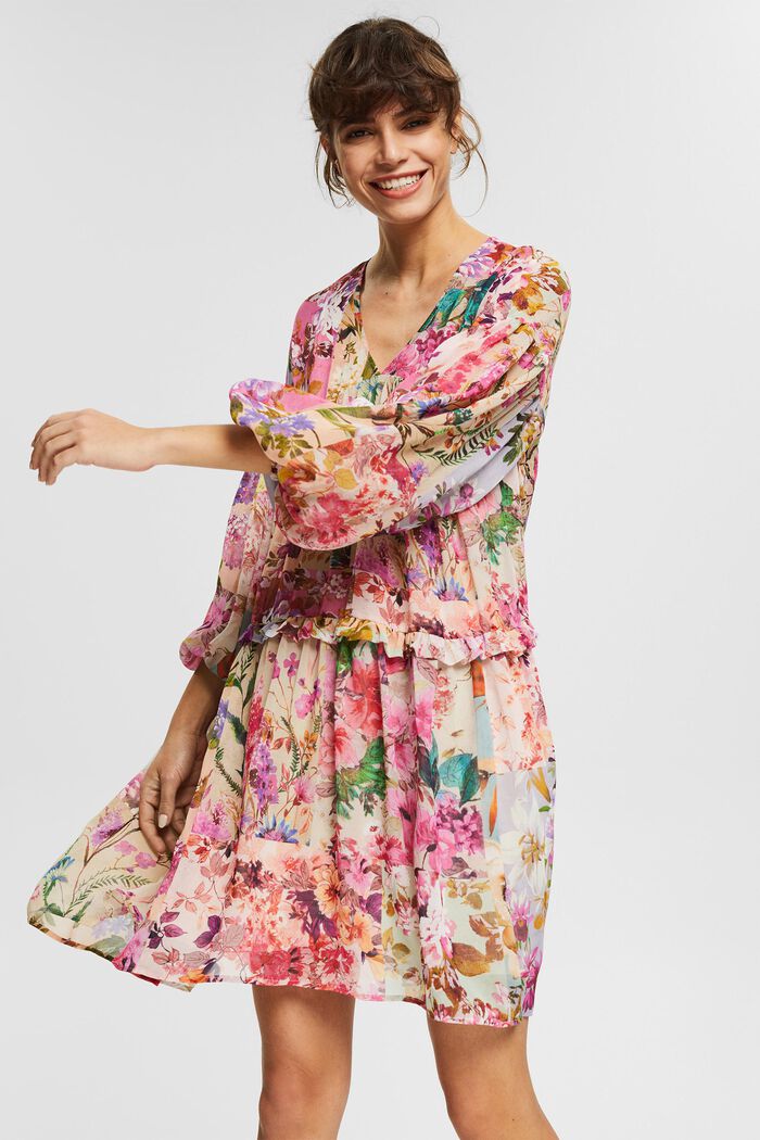 Reciclado: vestido de gasa con motivo floral, PINK FUCHSIA, detail image number 0