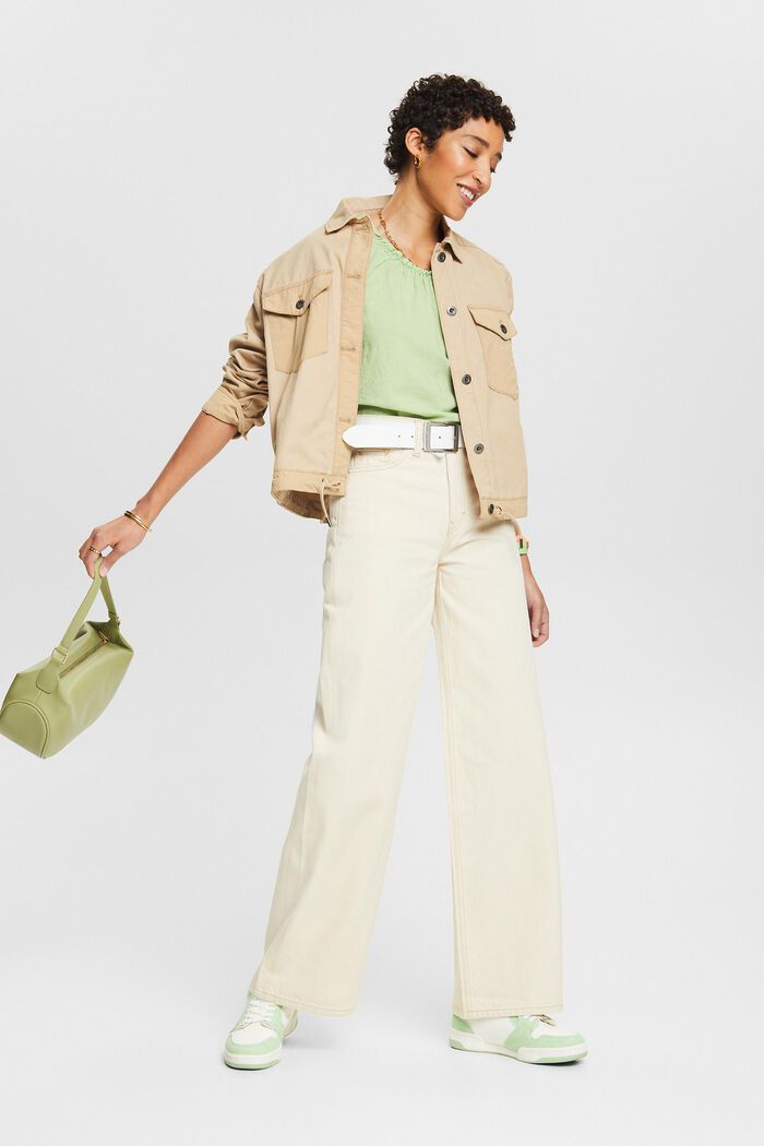 Blusa fruncida sin mangas en lino y algodón, LIGHT GREEN, detail image number 1