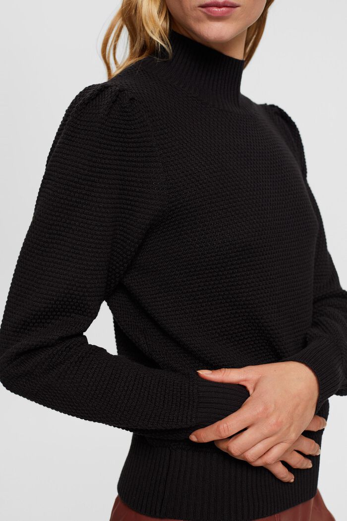 Jersey con cuello alto de textura, mezcla de algodón, BLACK, detail image number 2