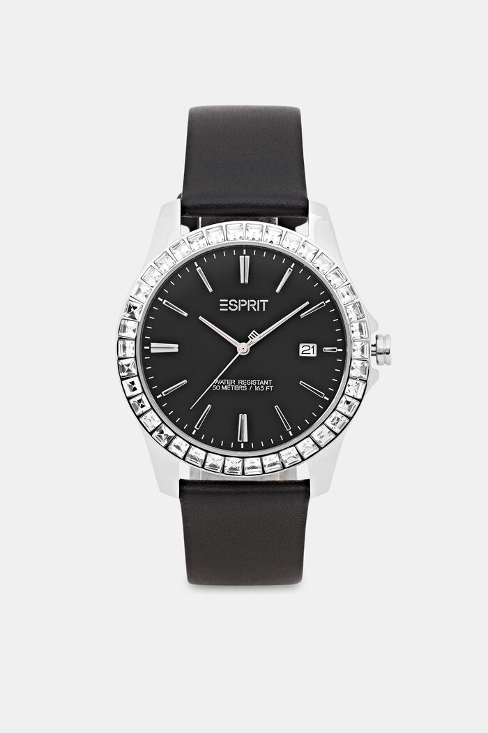 Reloj con pulsera de cuero y piedras de circonita, BLACK, detail image number 0