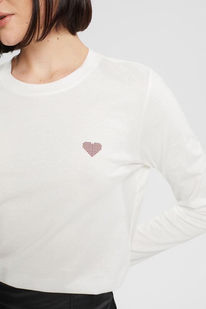Camiseta de manga larga con estampado de corazones, 100% algodón, OFF WHITE, detail image number 0