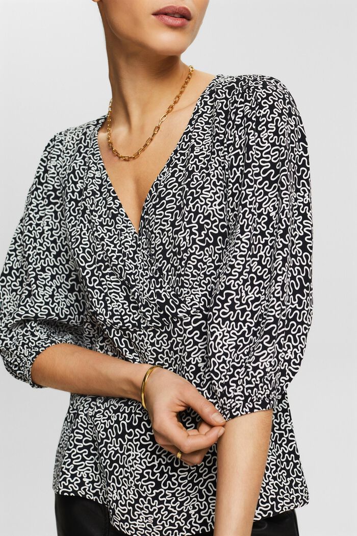 Blusa de crepé estampado con cuello en V, BLACK, detail image number 2