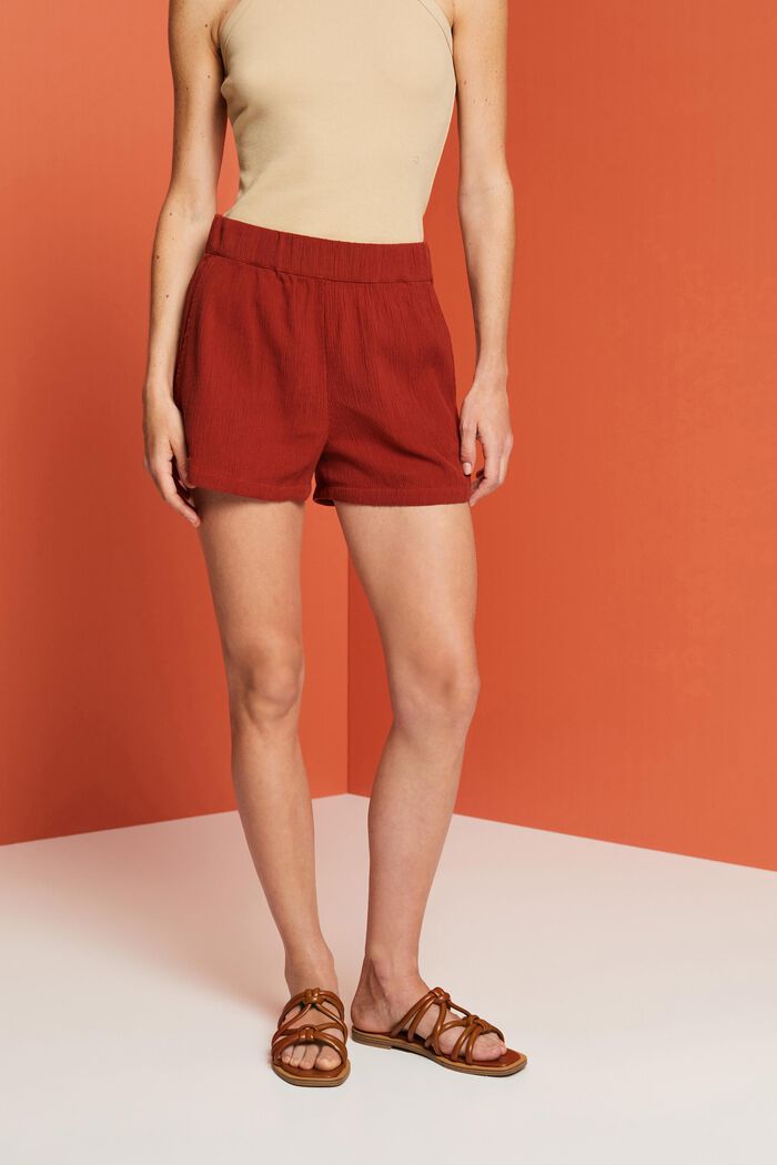 Pantalón corto de algodón sin cierre con efecto arrugado, TERRACOTTA, detail image number 0