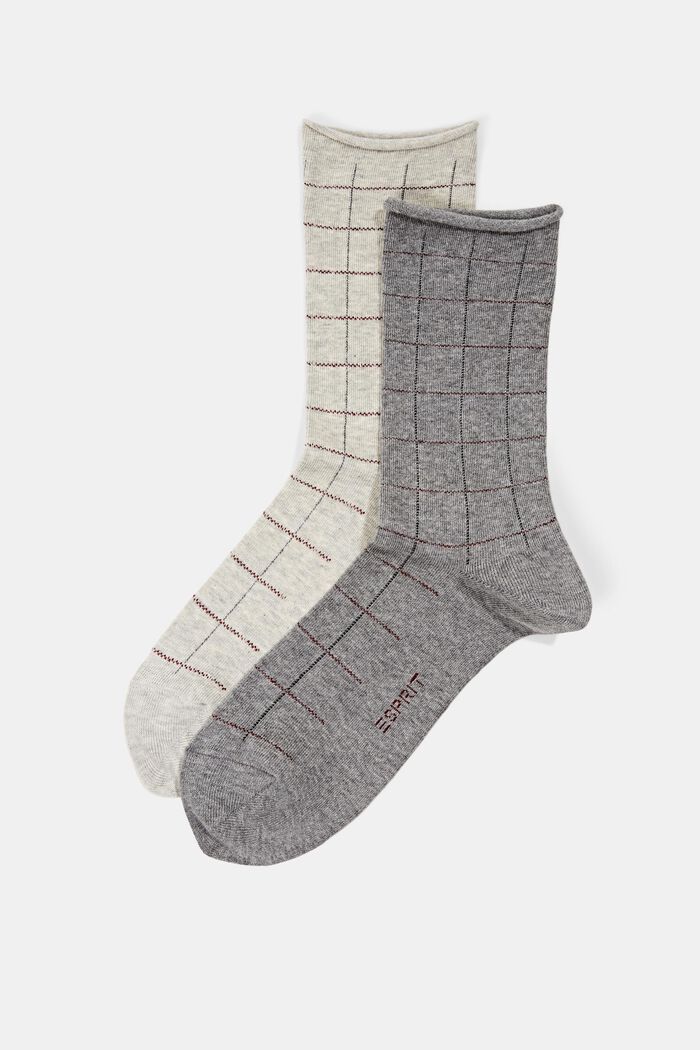 Pack de dos pares de calcetines con diseño a cuadros, mezcla de algodón ecológico, BEIGE/GREY, detail image number 0