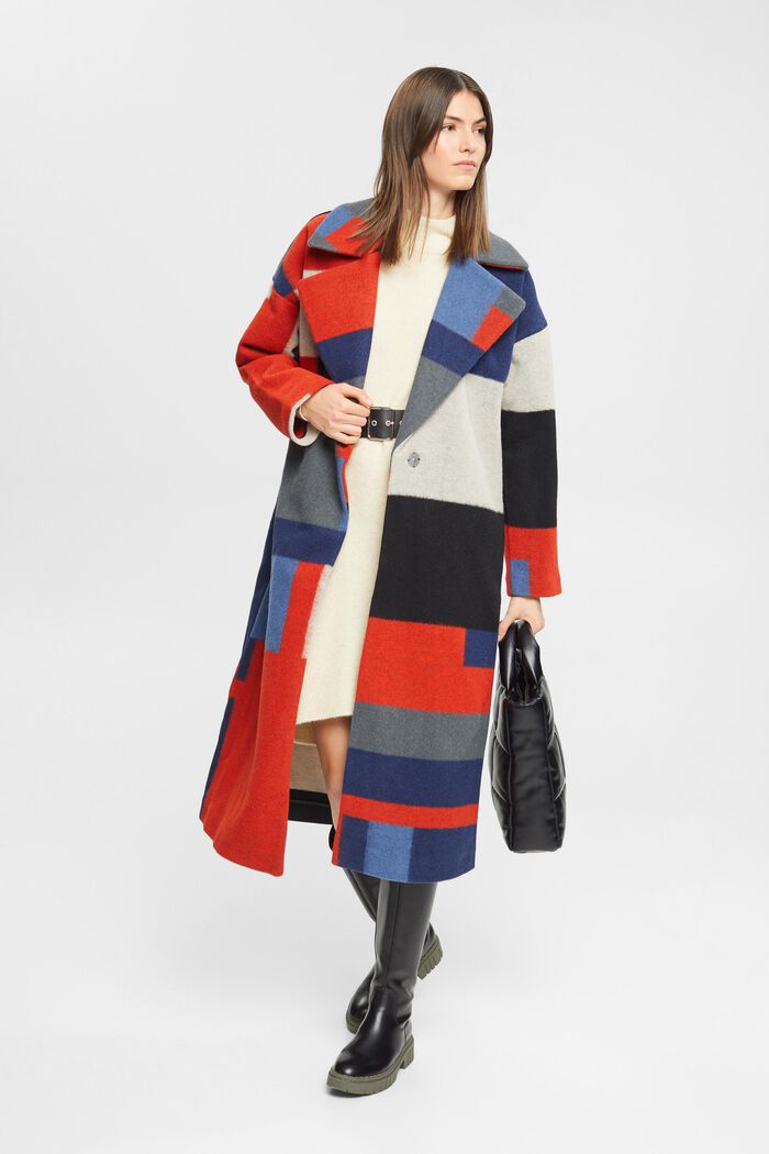 Abrigo en mezcla de lana con estampado de bloques de color, RED, overview